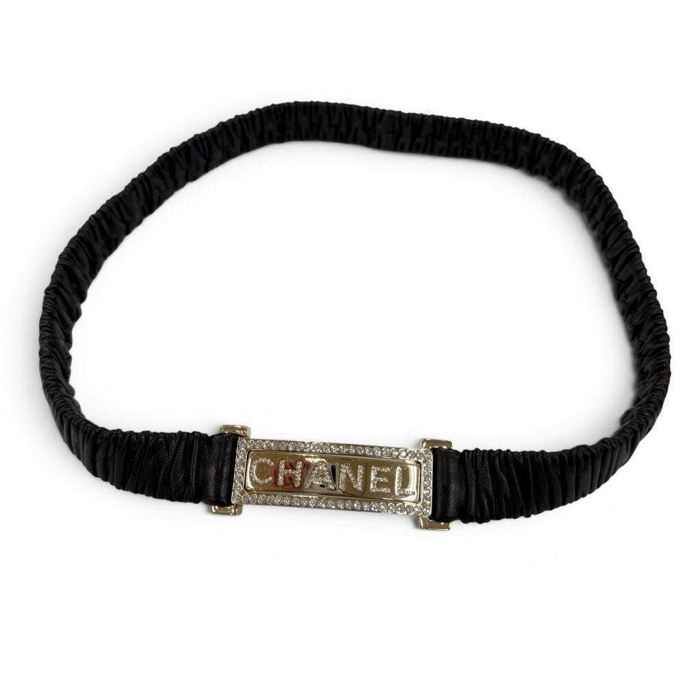 CHANEL B23C Logo Buckle Rhinestone Leather Belt, Black with Gold Hardware, Si...
